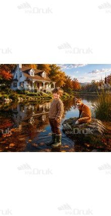 Tło fotograficzne „Jesienny domek nad jeziorem z liskiem” | J_273